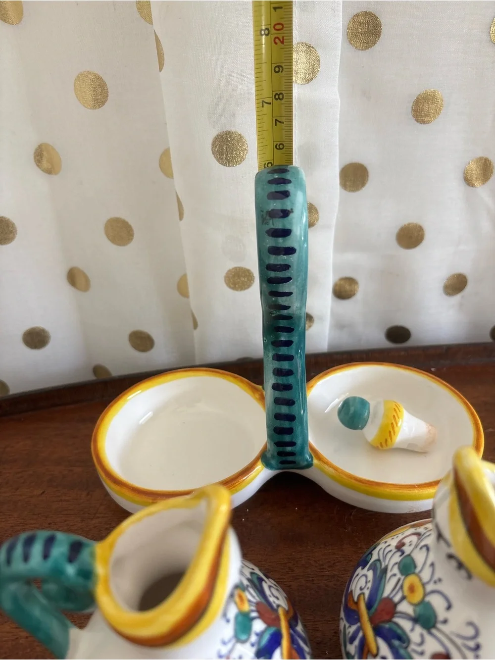 Ricco Deruta Italian Oil and Vinegar Cruet Set W Caddy Hand Painted Mediteranean
